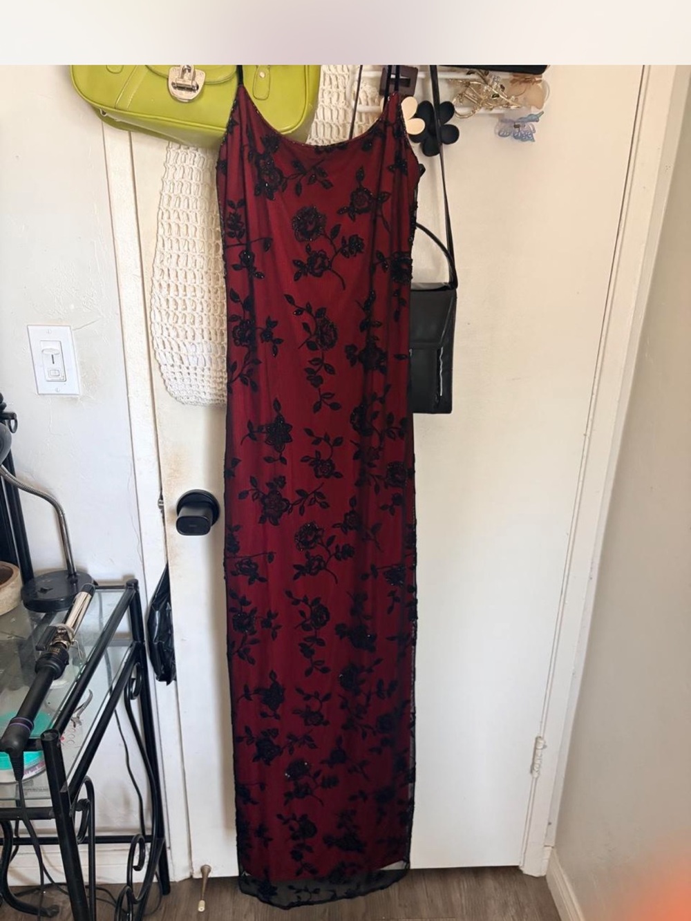 Vintage Y2K Elegant Burgundy Slip Dress with Black beading Overlay